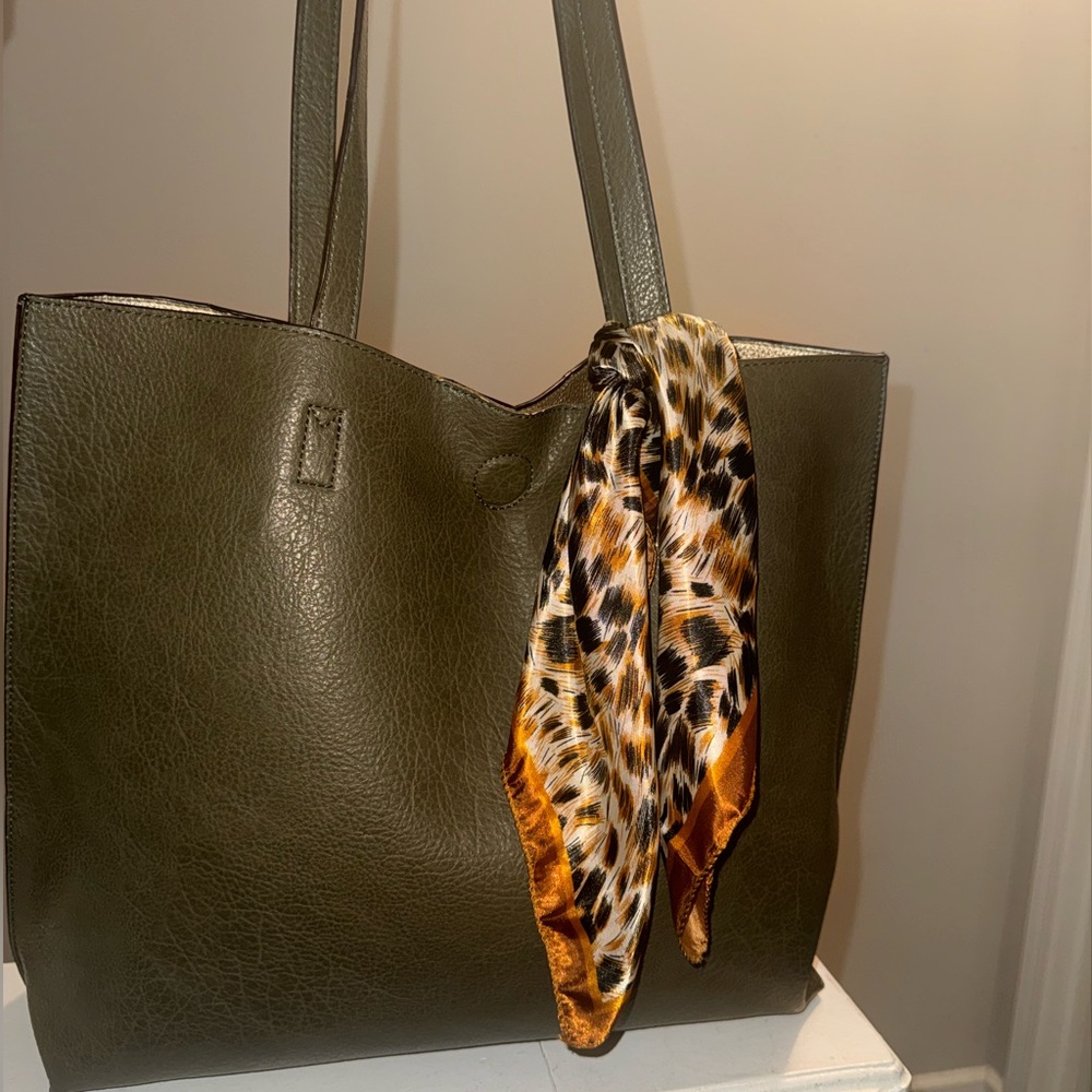 Olive Green Leather Tote Bag with Animal Print Scarf